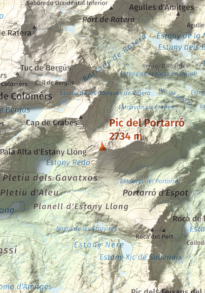 Mapa de relieve de Pic del Portarró, 2734 m, Pallars Sobirà, lámina 100 Cims de Trobart. Detalle de la zona central. 21 × 30 cm.