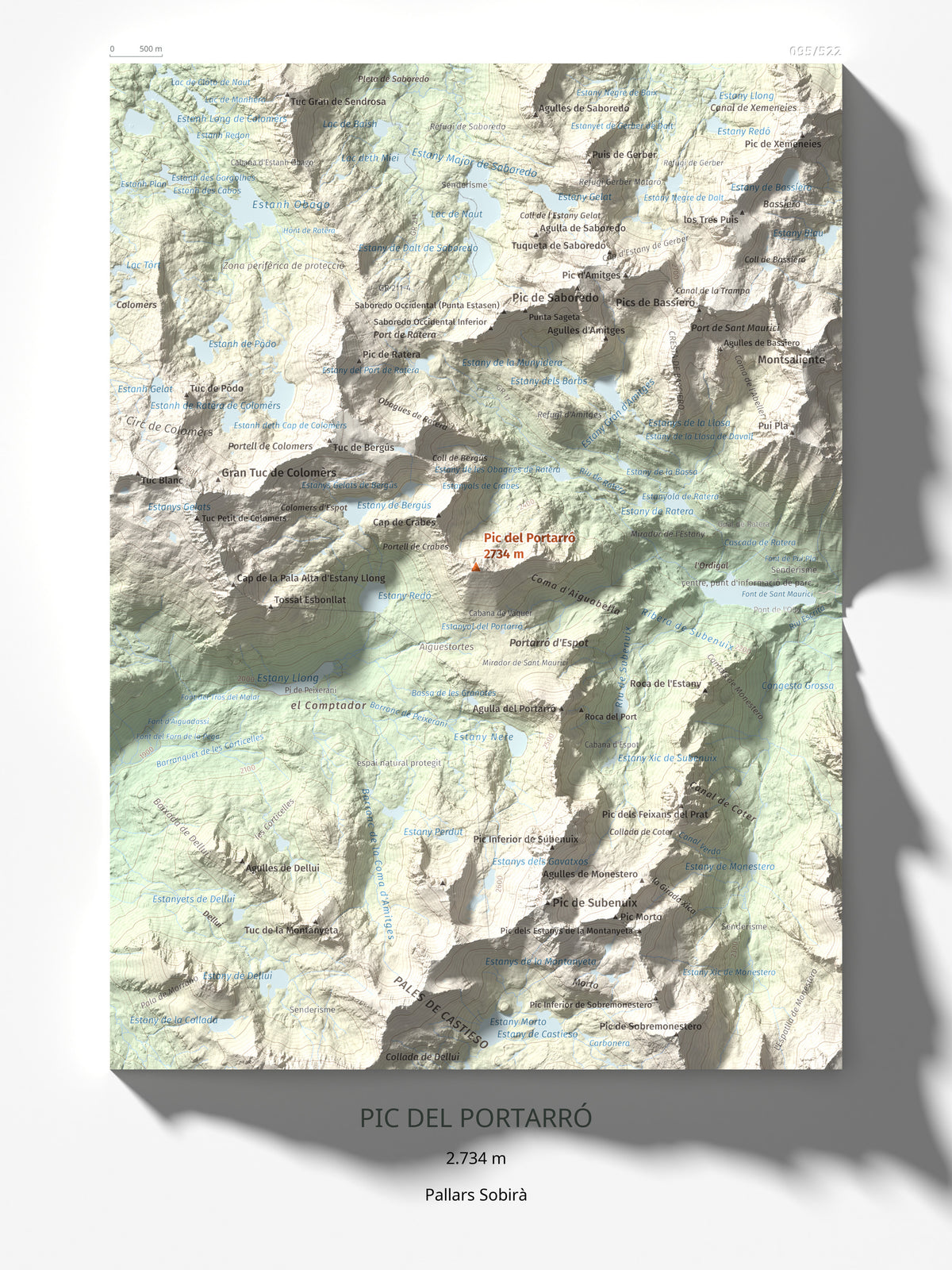 Mapa de relieve de Pic del Portarró, 2734 m, Pallars Sobirà, lámina 100 Cims de Trobart 30 × 40 cm.