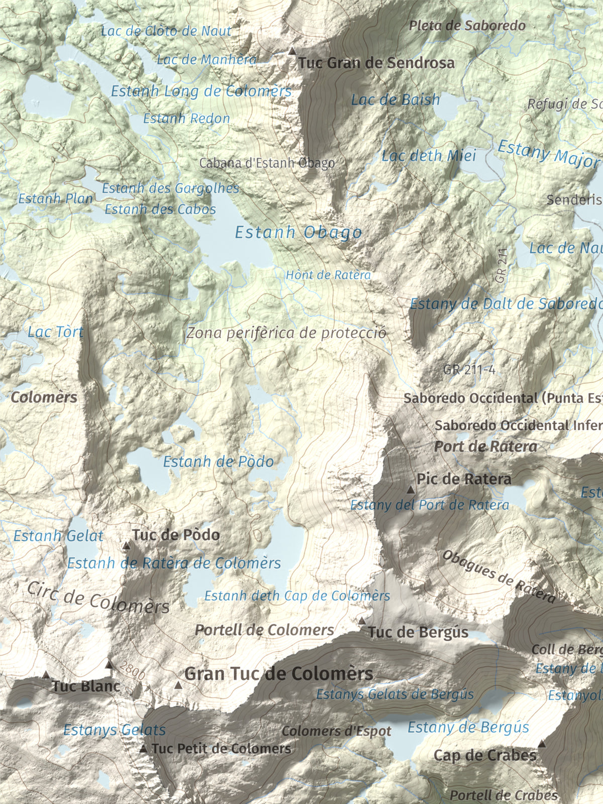 Mapa de relieve de Pic del Portarró, 2734 m, Pallars Sobirà, lámina 100 Cims de Trobart. Detalle de la zona superior izquierda. 30 × 40 cm.
