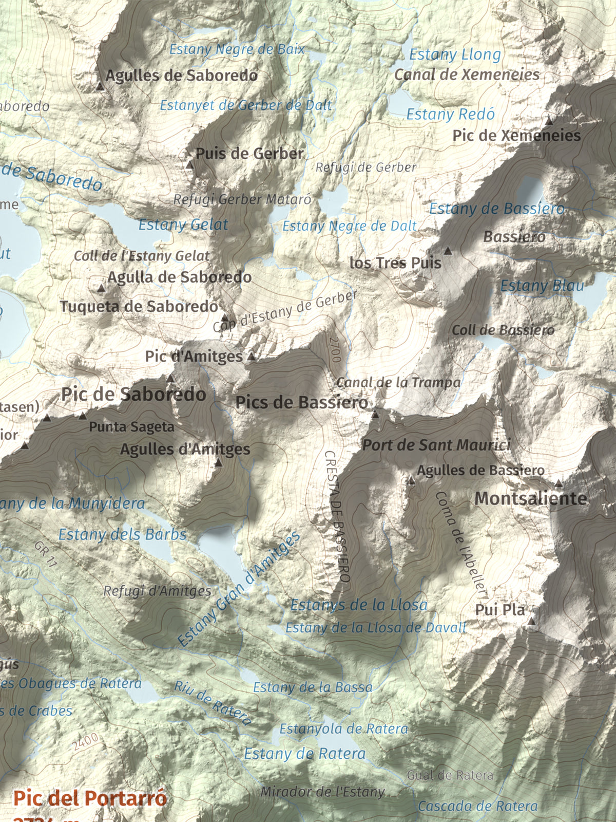 Mapa de relieve de Pic del Portarró, 2734 m, Pallars Sobirà, lámina 100 Cims de Trobart. Detalle de la zona superior derecha. 30 × 40 cm.