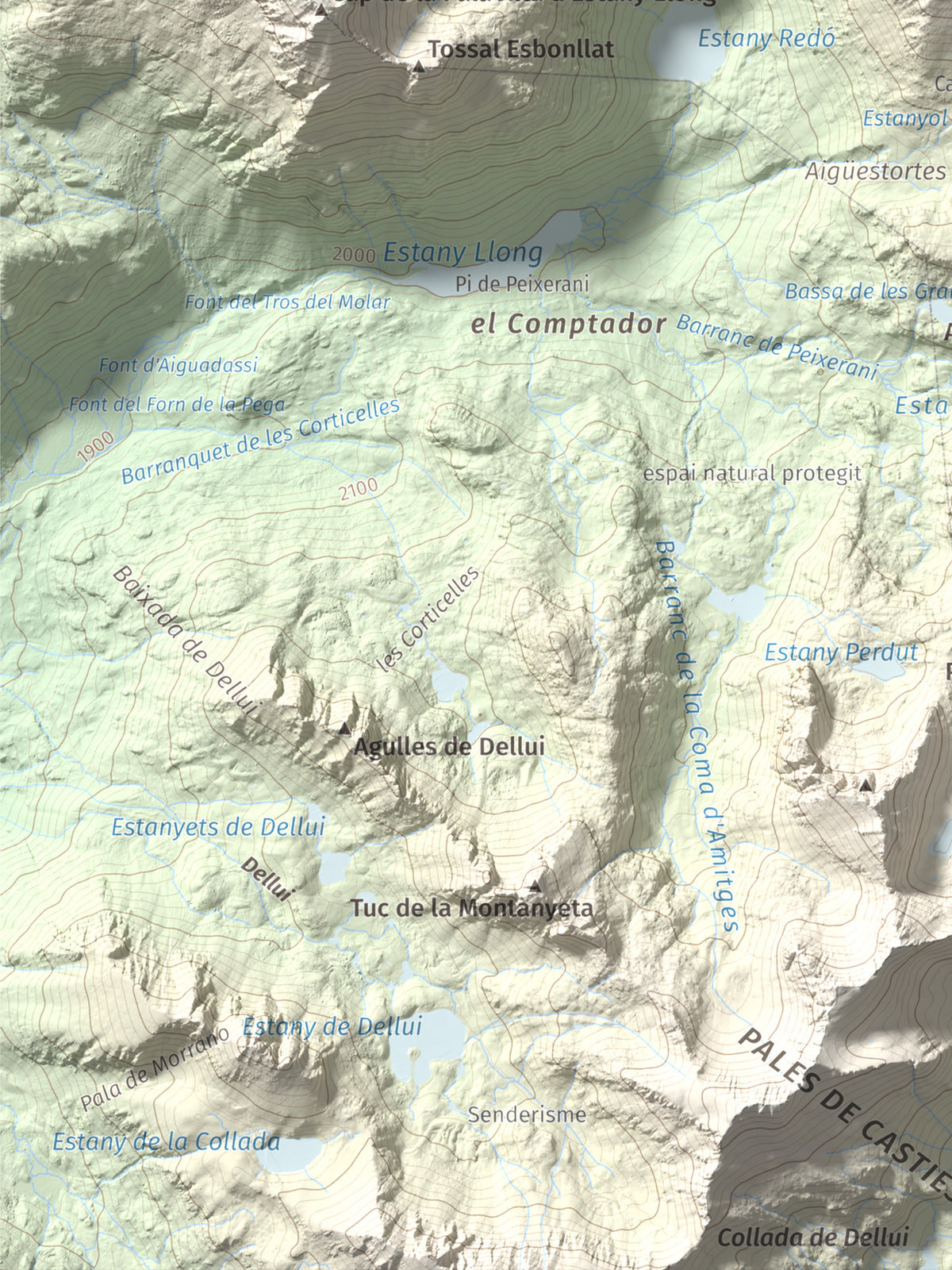 Mapa de relieve de Pic del Portarró, 2734 m, Pallars Sobirà, lámina 100 Cims de Trobart. Detalle de la zona inferior izquierda. 30 × 40 cm.