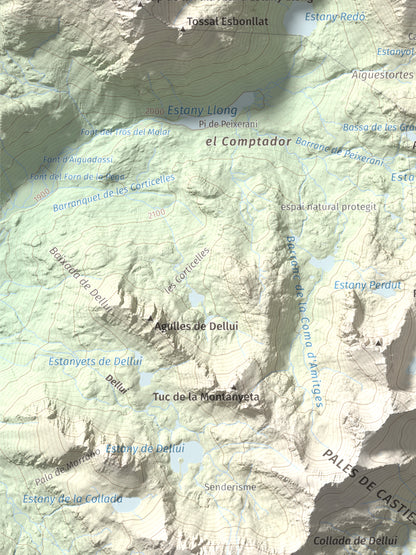 Mapa de relieve de Pic del Portarró, 2734 m, Pallars Sobirà, lámina 100 Cims de Trobart. Detalle de la zona inferior izquierda. 30 × 40 cm.