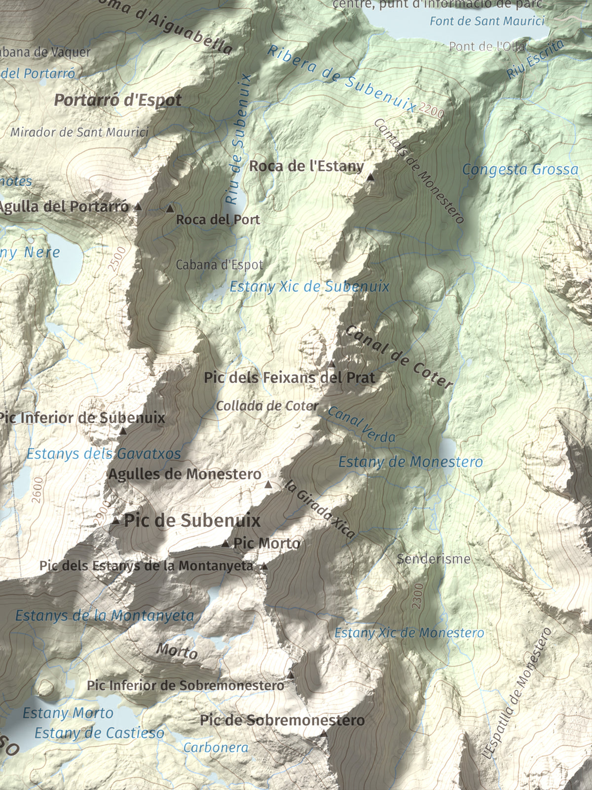 Mapa de relieve de Pic del Portarró, 2734 m, Pallars Sobirà, lámina 100 Cims de Trobart. Detalle de la zona inferior derecha. 30 × 40 cm.