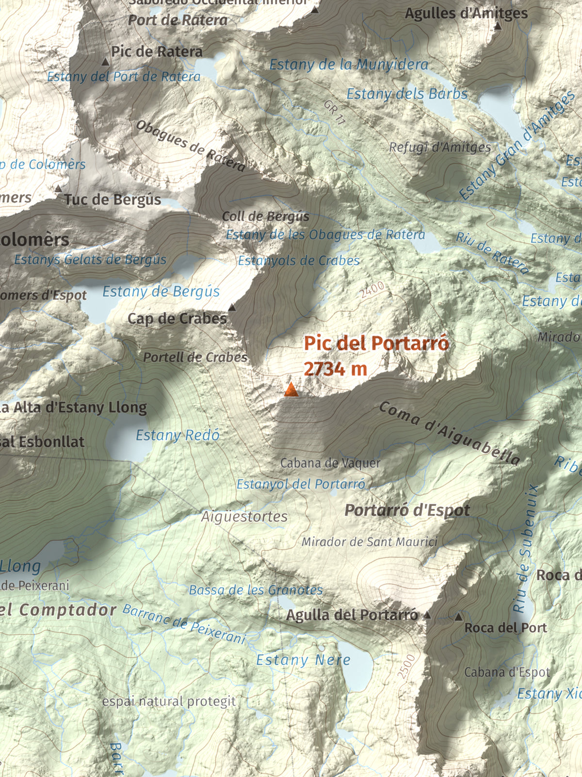 Mapa de relieve de Pic del Portarró, 2734 m, Pallars Sobirà, lámina 100 Cims de Trobart. Detalle de la zona central. 30 × 40 cm.