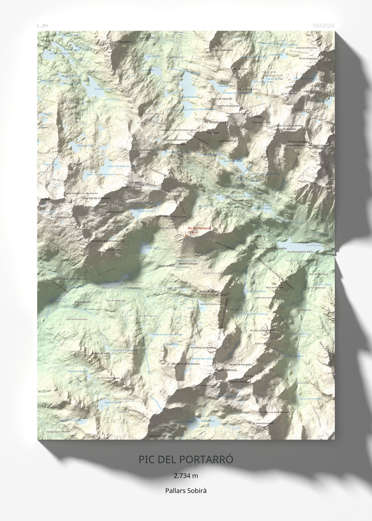 Mapa de relieve de Pic del Portarró, 2734 m, Pallars Sobirà, lámina 100 Cims de Trobart 50 × 70 cm.