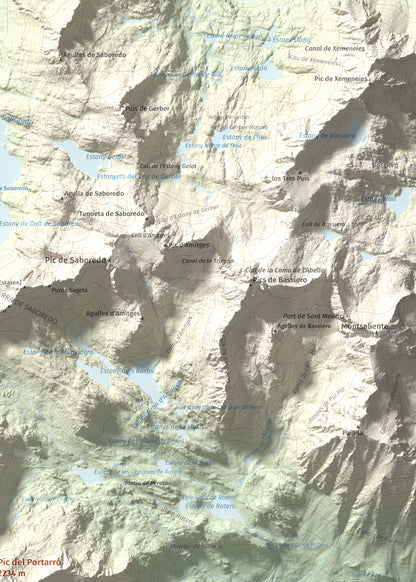 Mapa de relieve de Pic del Portarró, 2734 m, Pallars Sobirà, lámina 100 Cims de Trobart. Detalle de la zona superior derecha. 50 × 70 cm.
