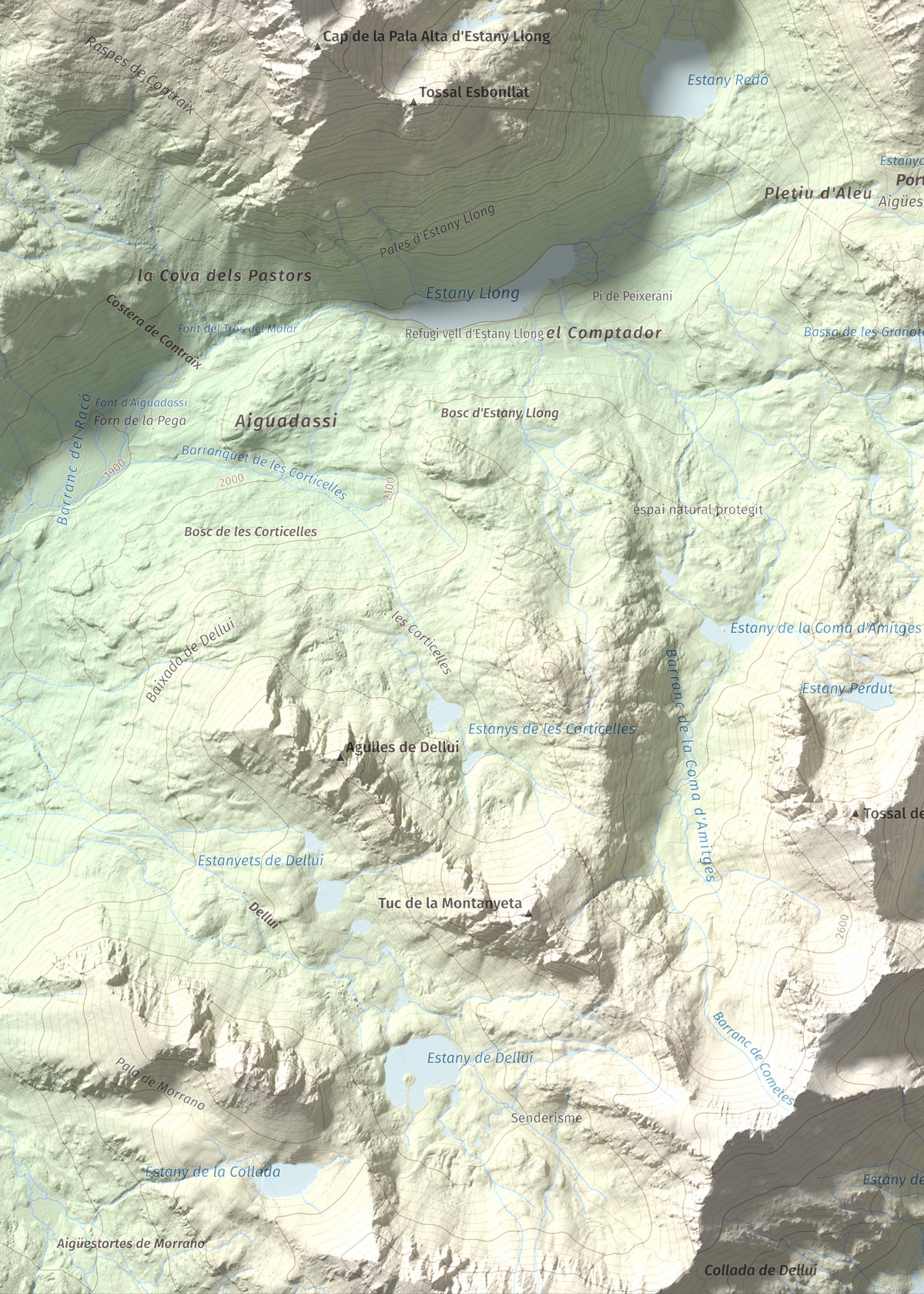 Mapa de relieve de Pic del Portarró, 2734 m, Pallars Sobirà, lámina 100 Cims de Trobart. Detalle de la zona inferior izquierda. 50 × 70 cm.