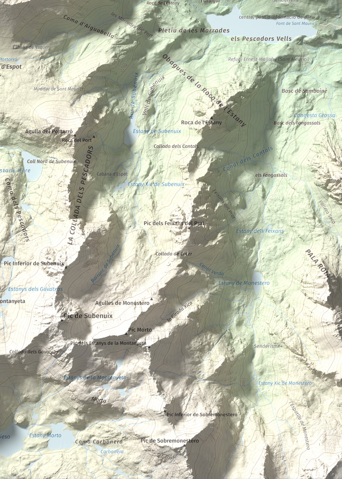 Mapa de relieve de Pic del Portarró, 2734 m, Pallars Sobirà, lámina 100 Cims de Trobart. Detalle de la zona inferior derecha. 50 × 70 cm.