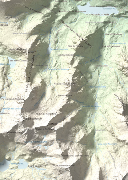 Mapa de relieve de Pic del Portarró, 2734 m, Pallars Sobirà, lámina 100 Cims de Trobart. Detalle de la zona inferior derecha. 50 × 70 cm.