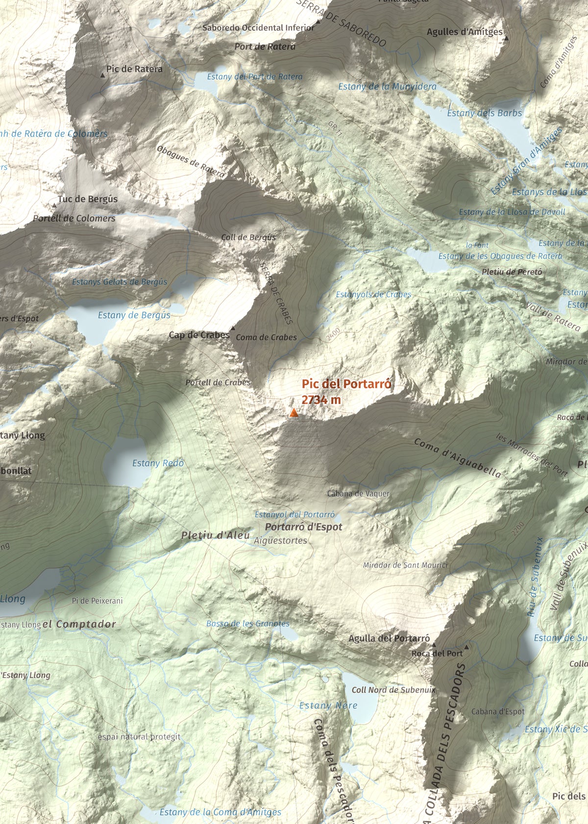 Mapa de relieve de Pic del Portarró, 2734 m, Pallars Sobirà, lámina 100 Cims de Trobart. Detalle de la zona central. 50 × 70 cm.