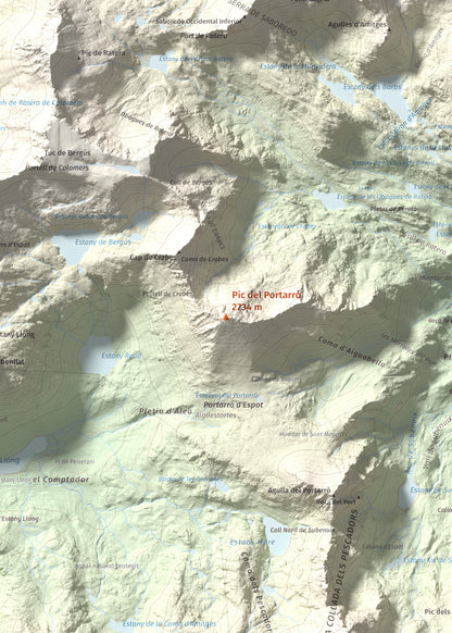 Mapa de relieve de Pic del Portarró, 2734 m, Pallars Sobirà, lámina 100 Cims de Trobart. Detalle de la zona central. 50 × 70 cm.