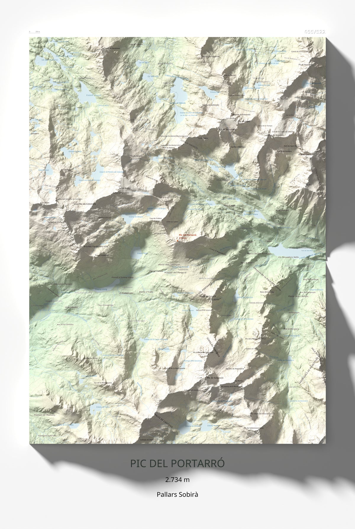 Mapa de relieve de Pic del Portarró, 2734 m, Pallars Sobirà, lámina 100 Cims de Trobart 61 × 91 cm.