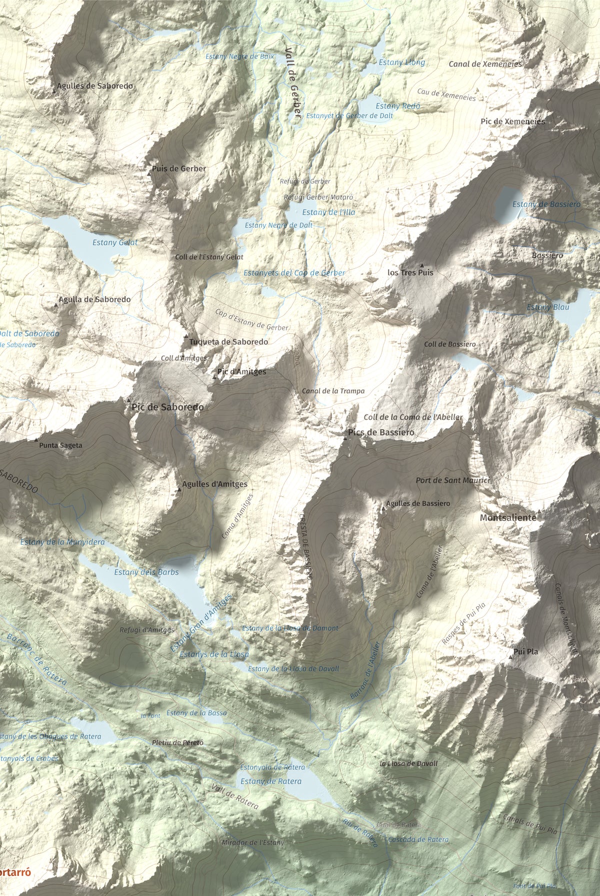 Mapa de relieve de Pic del Portarró, 2734 m, Pallars Sobirà, lámina 100 Cims de Trobart. Detalle de la zona superior derecha. 61 × 91 cm.