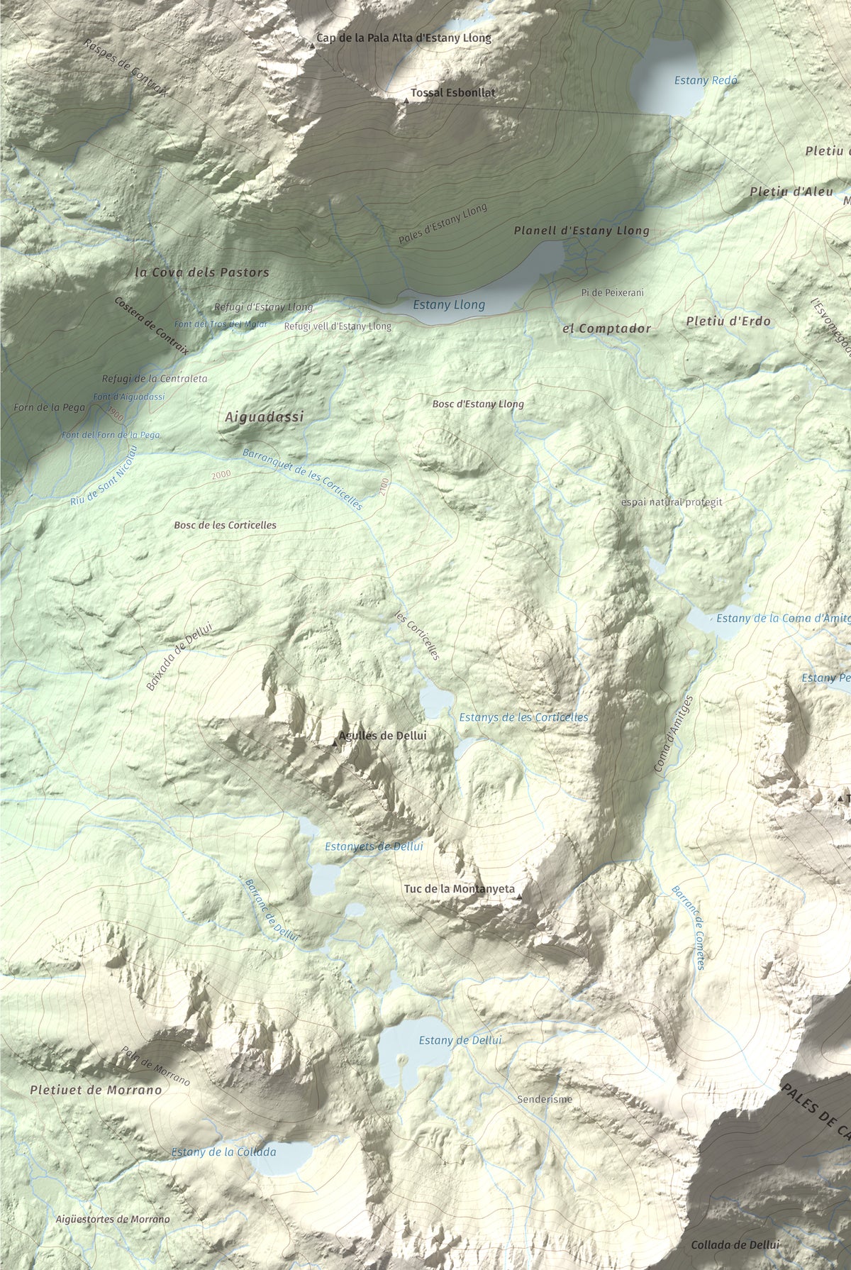 Mapa de relieve de Pic del Portarró, 2734 m, Pallars Sobirà, lámina 100 Cims de Trobart. Detalle de la zona inferior izquierda. 61 × 91 cm.