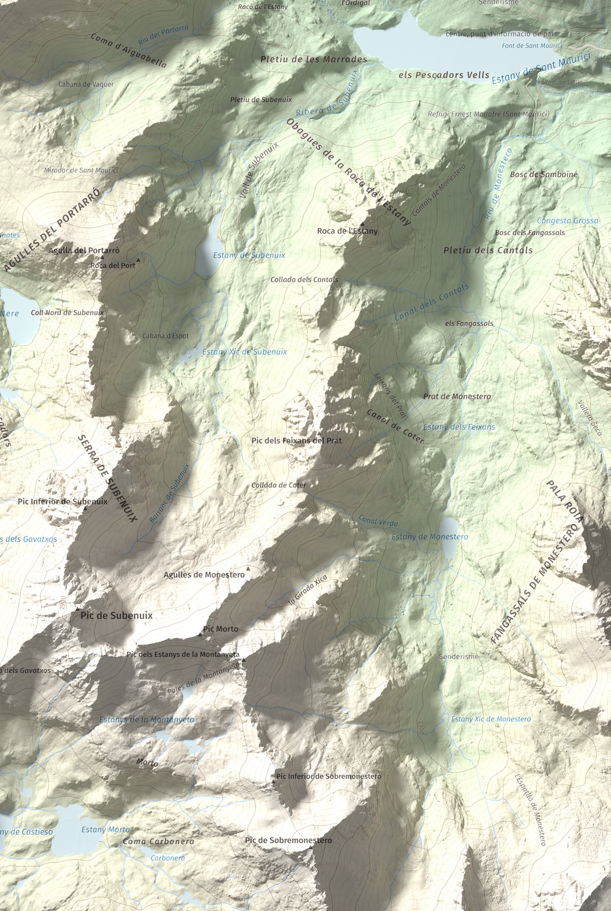 Mapa de relieve de Pic del Portarró, 2734 m, Pallars Sobirà, lámina 100 Cims de Trobart. Detalle de la zona inferior derecha. 61 × 91 cm.