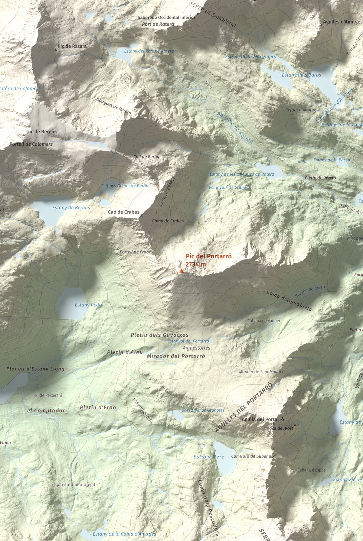 Mapa de relieve de Pic del Portarró, 2734 m, Pallars Sobirà, lámina 100 Cims de Trobart. Detalle de la zona central. 61 × 91 cm.