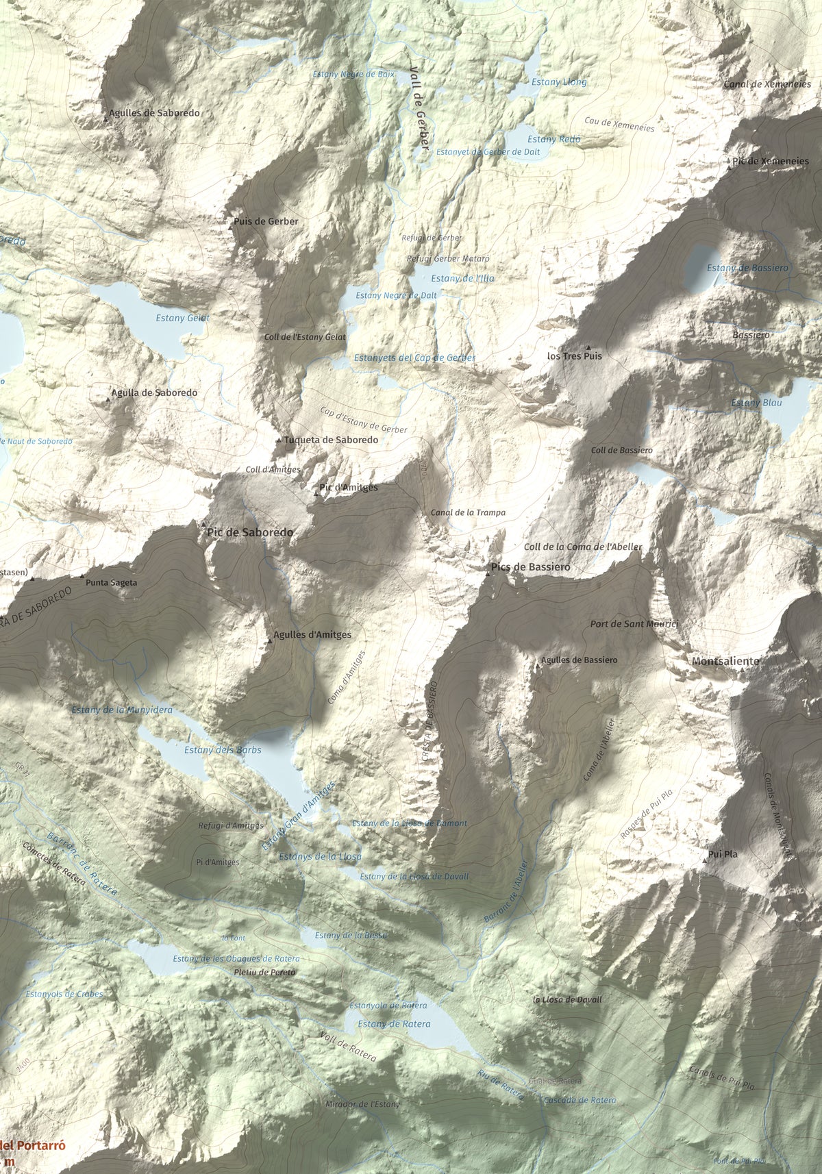 Mapa de relieve de Pic del Portarró, 2734 m, Pallars Sobirà, lámina 100 Cims de Trobart. Detalle de la zona superior derecha. 70 × 100 cm.