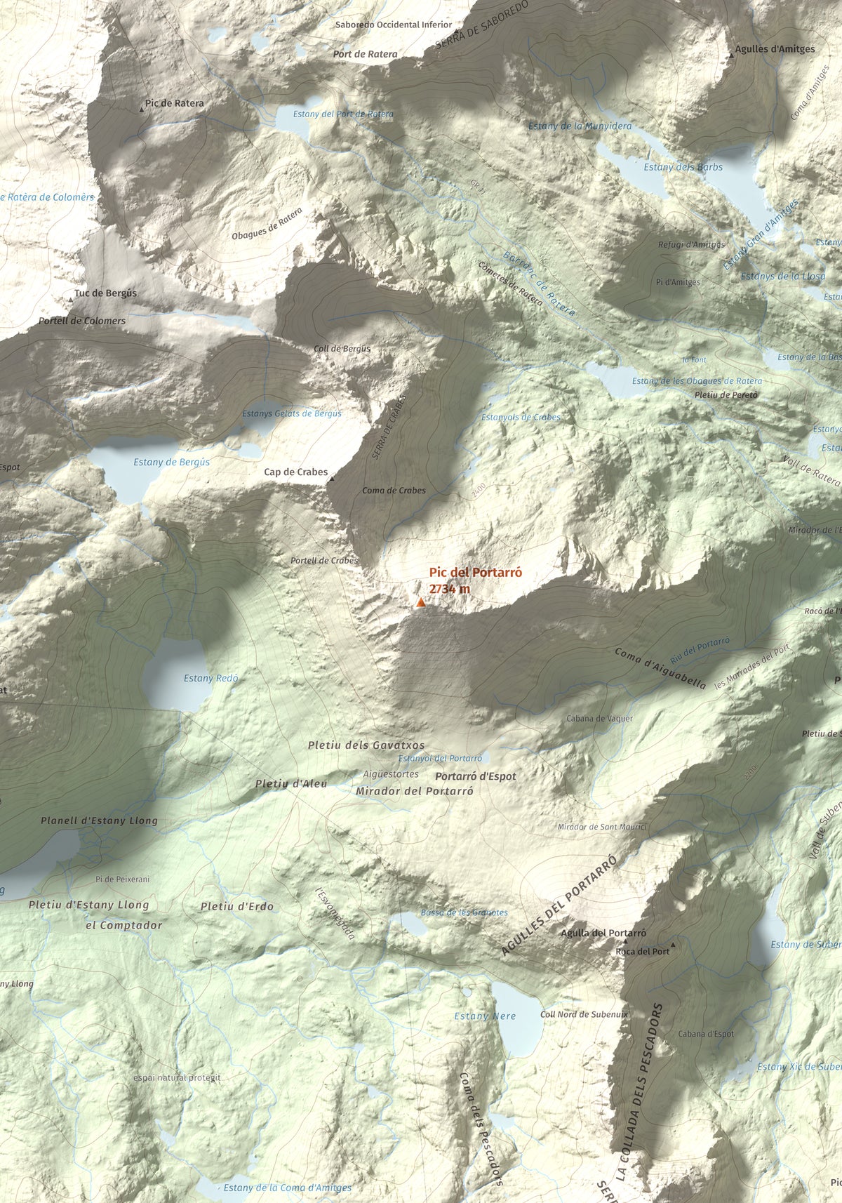 Mapa de relieve de Pic del Portarró, 2734 m, Pallars Sobirà, lámina 100 Cims de Trobart. Detalle de la zona central. 70 × 100 cm.