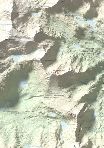 Mapa de relieve de Pic del Portarró, 2734 m, Pallars Sobirà, lámina 100 Cims de Trobart. Detalle de la zona central. 70 × 100 cm.