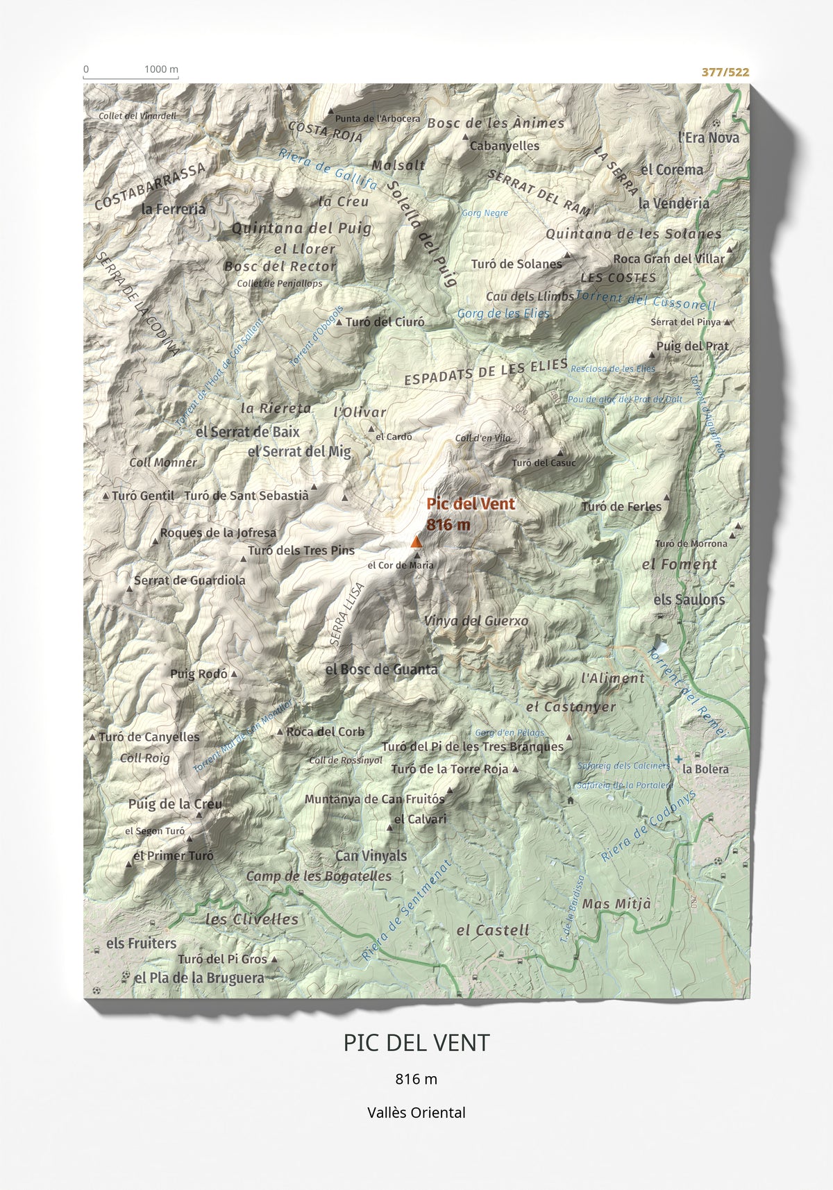 Mapa de relieve de Pic del Vent, 816 m, Vallès Oriental, lámina 100 Cims de Trobart 21 × 30 cm.