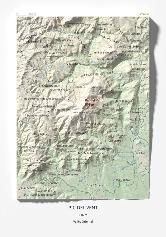 Mapa de relieve de Pic del Vent, 816 m, Vallès Oriental, lámina 100 Cims de Trobart 21 × 30 cm.