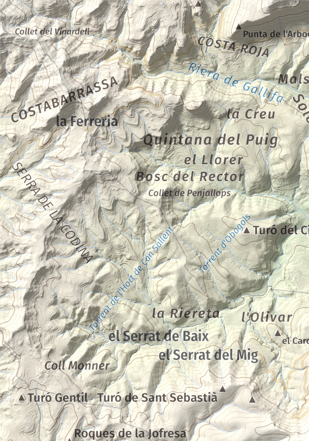 Mapa de relieve de Pic del Vent, 816 m, Vallès Oriental, lámina 100 Cims de Trobart. Detalle de la zona superior izquierda. 21 × 30 cm.