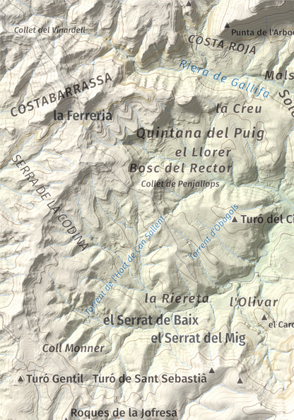 Mapa de relieve de Pic del Vent, 816 m, Vallès Oriental, lámina 100 Cims de Trobart. Detalle de la zona superior izquierda. 21 × 30 cm.