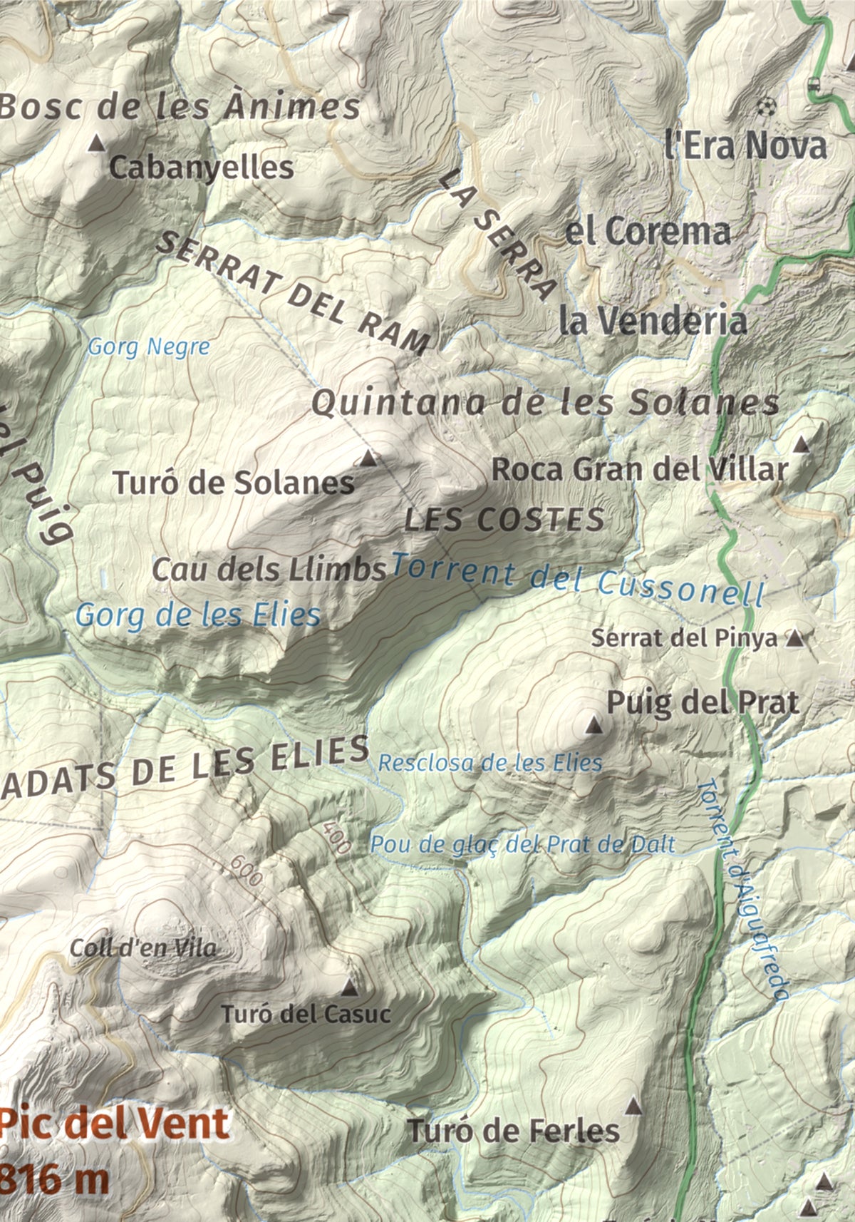 Mapa de relieve de Pic del Vent, 816 m, Vallès Oriental, lámina 100 Cims de Trobart. Detalle de la zona superior derecha. 21 × 30 cm.