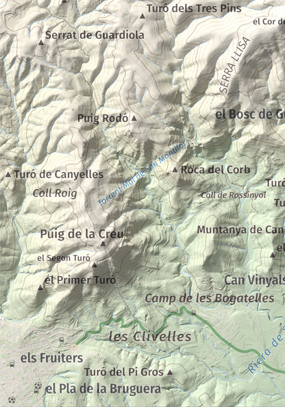 Mapa de relieve de Pic del Vent, 816 m, Vallès Oriental, lámina 100 Cims de Trobart. Detalle de la zona inferior izquierda. 21 × 30 cm.
