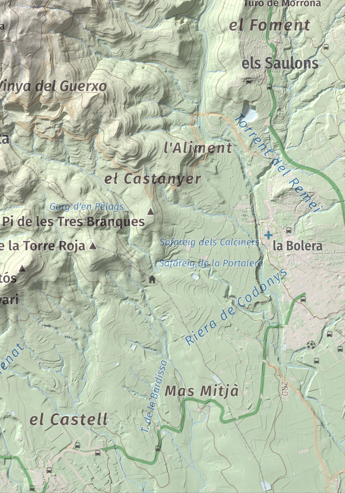Mapa de relieve de Pic del Vent, 816 m, Vallès Oriental, lámina 100 Cims de Trobart. Detalle de la zona inferior derecha. 21 × 30 cm.