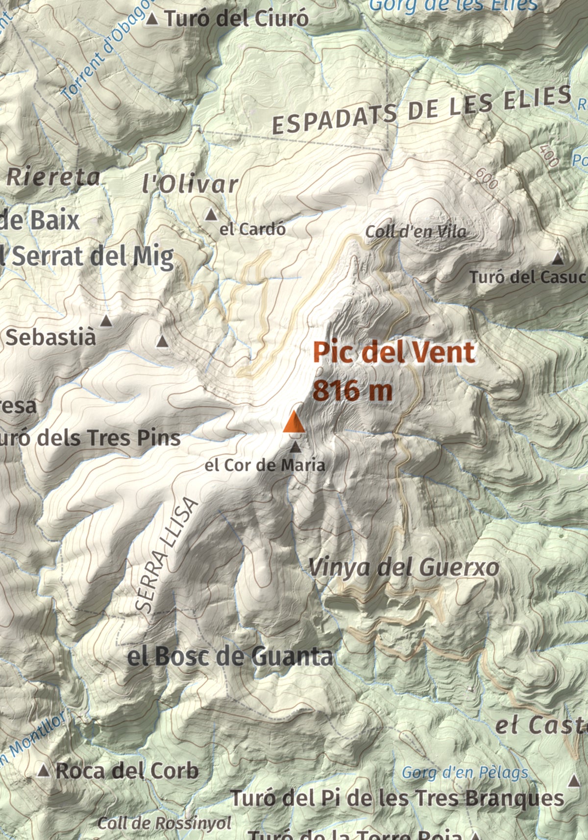 Mapa de relieve de Pic del Vent, 816 m, Vallès Oriental, lámina 100 Cims de Trobart. Detalle de la zona central. 21 × 30 cm.