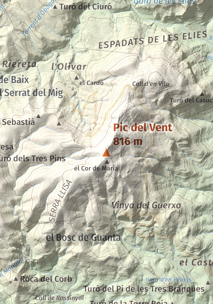 Mapa de relieve de Pic del Vent, 816 m, Vallès Oriental, lámina 100 Cims de Trobart. Detalle de la zona central. 21 × 30 cm.