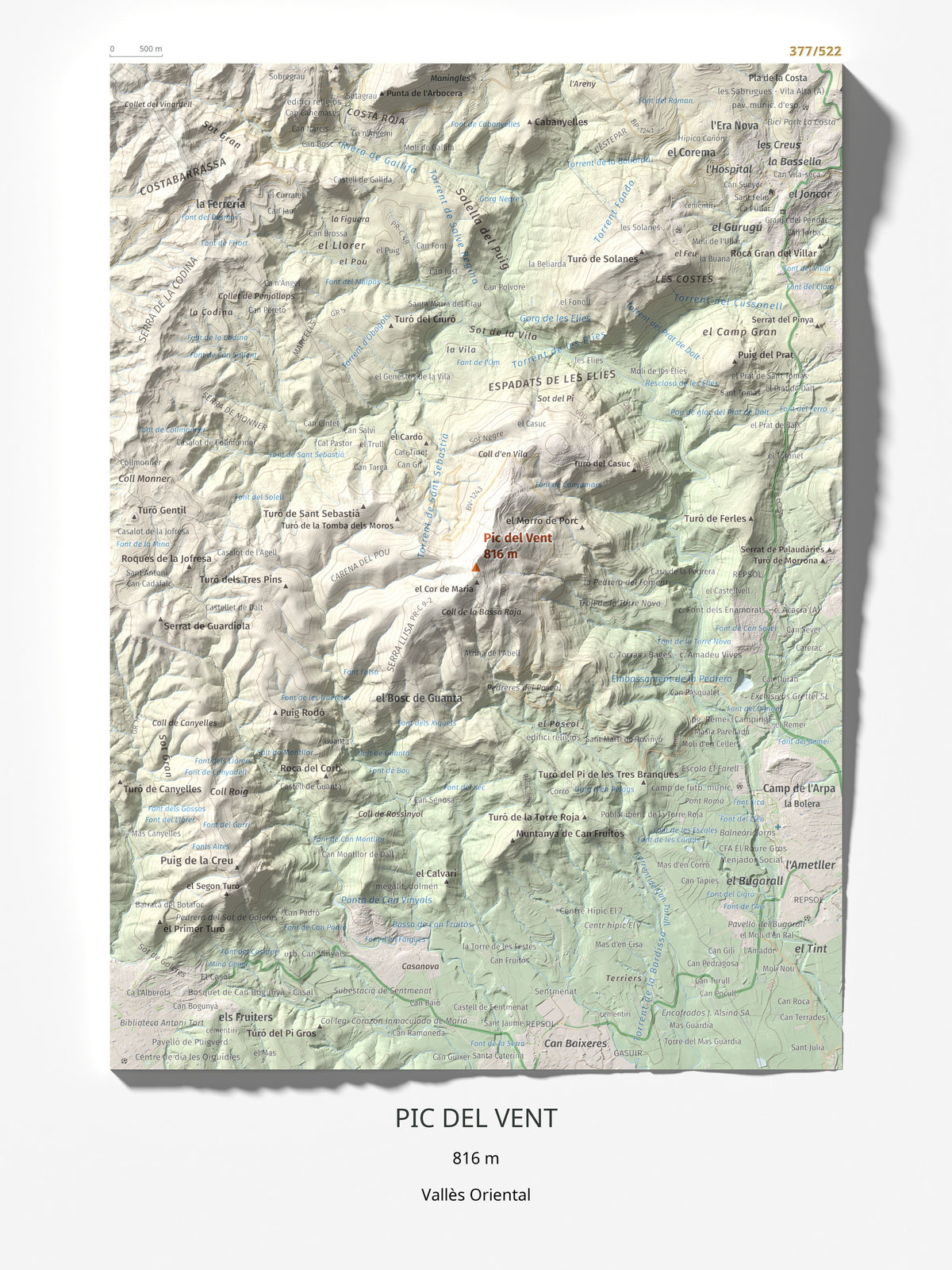 Mapa de relieve de Pic del Vent, 816 m, Vallès Oriental, lámina 100 Cims de Trobart 30 × 40 cm.