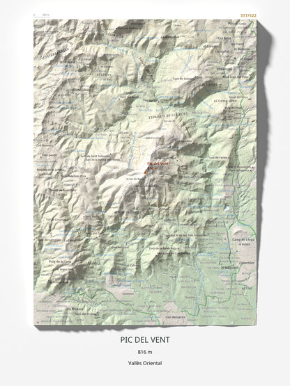 Mapa de relieve de Pic del Vent, 816 m, Vallès Oriental, lámina 100 Cims de Trobart 30 × 40 cm.