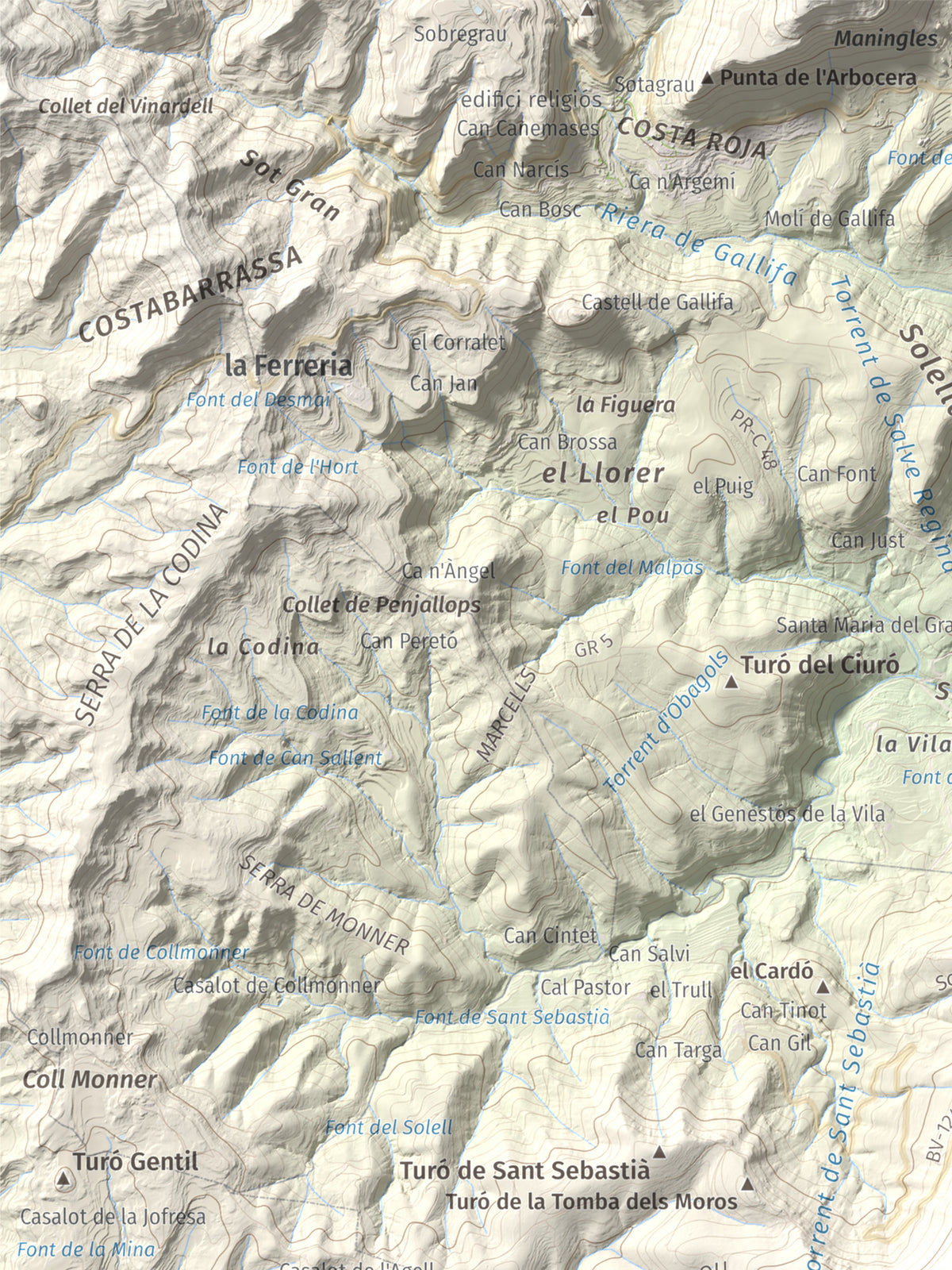 Mapa de relieve de Pic del Vent, 816 m, Vallès Oriental, lámina 100 Cims de Trobart. Detalle de la zona superior izquierda. 30 × 40 cm.
