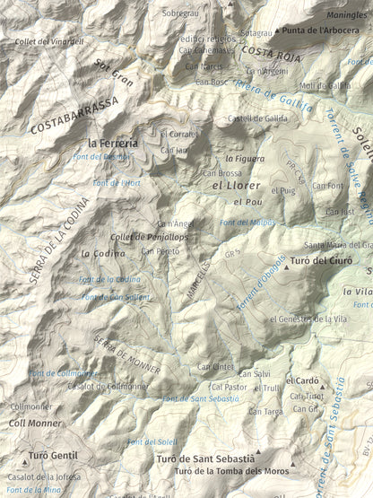 Mapa de relieve de Pic del Vent, 816 m, Vallès Oriental, lámina 100 Cims de Trobart. Detalle de la zona superior izquierda. 30 × 40 cm.