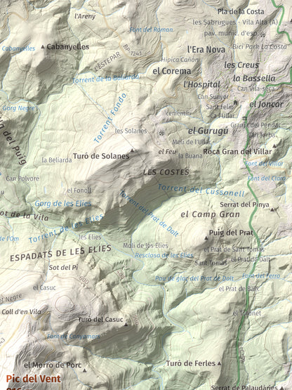 Mapa de relieve de Pic del Vent, 816 m, Vallès Oriental, lámina 100 Cims de Trobart. Detalle de la zona superior derecha. 30 × 40 cm.