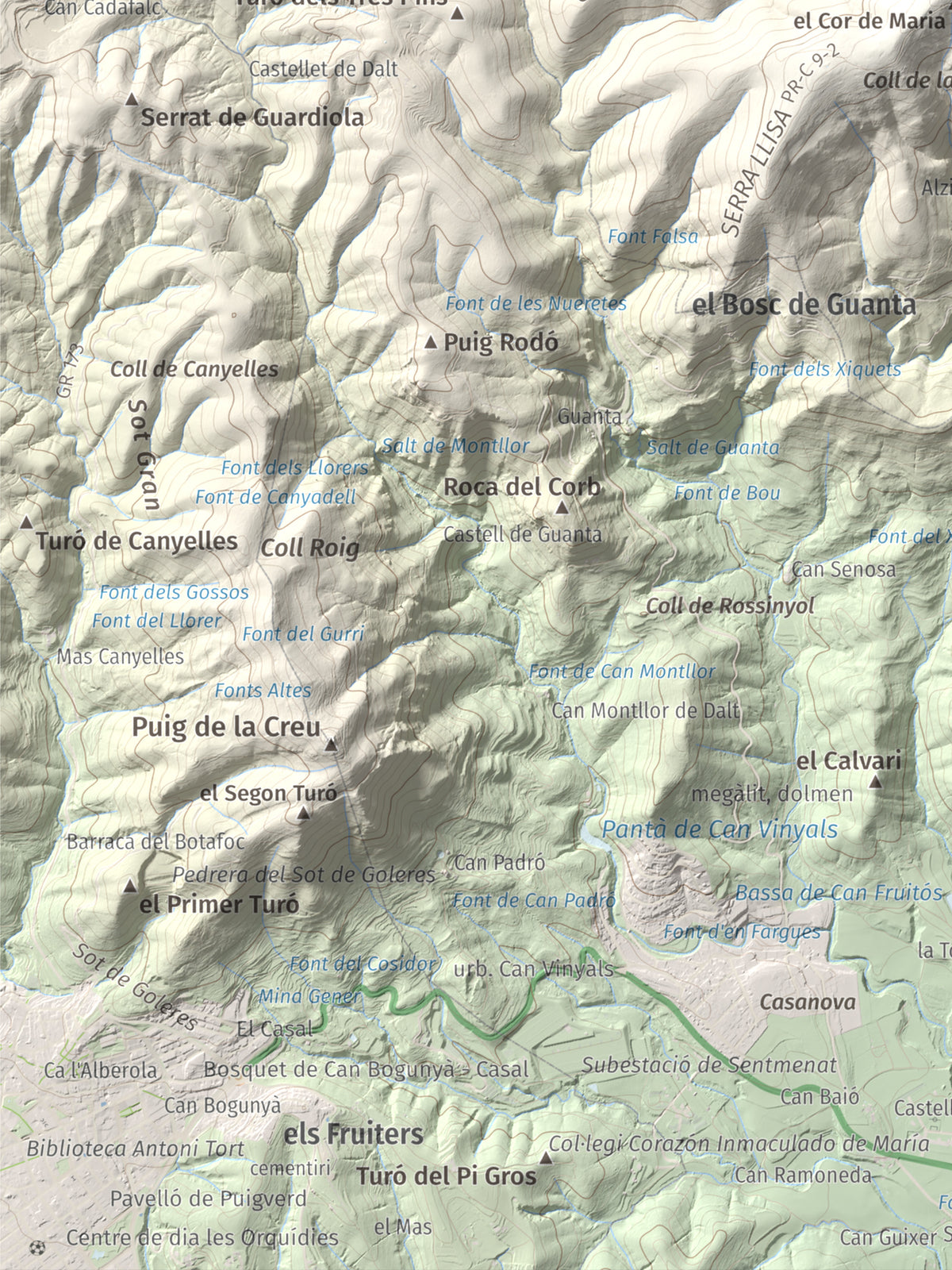 Mapa de relieve de Pic del Vent, 816 m, Vallès Oriental, lámina 100 Cims de Trobart. Detalle de la zona inferior izquierda. 30 × 40 cm.