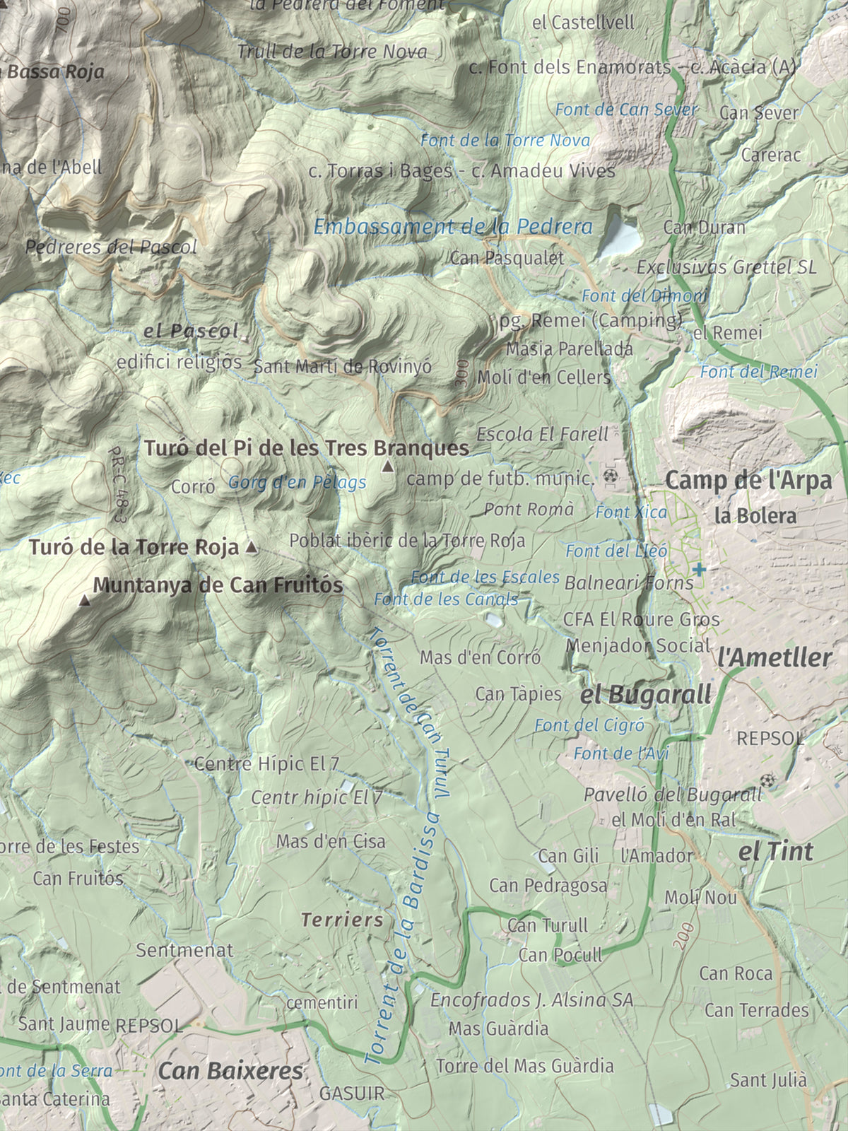 Mapa de relieve de Pic del Vent, 816 m, Vallès Oriental, lámina 100 Cims de Trobart. Detalle de la zona inferior derecha. 30 × 40 cm.