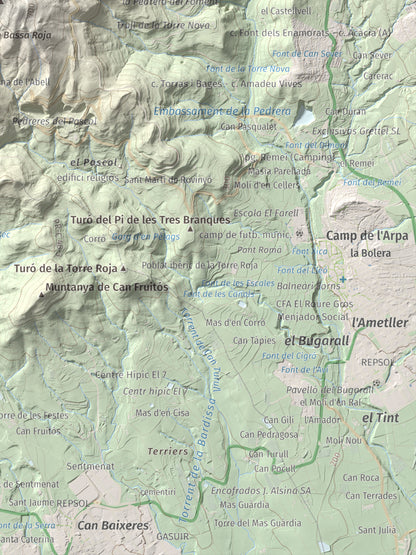Mapa de relieve de Pic del Vent, 816 m, Vallès Oriental, lámina 100 Cims de Trobart. Detalle de la zona inferior derecha. 30 × 40 cm.