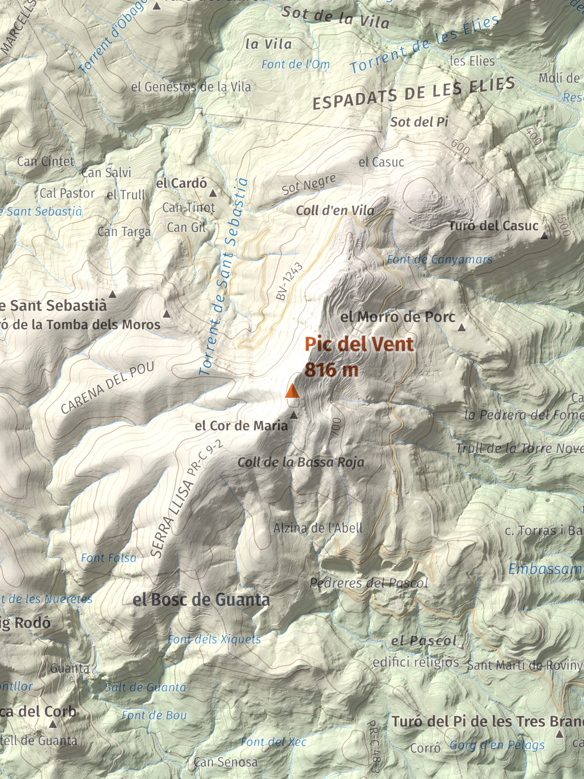 Mapa de relieve de Pic del Vent, 816 m, Vallès Oriental, lámina 100 Cims de Trobart. Detalle de la zona central. 30 × 40 cm.