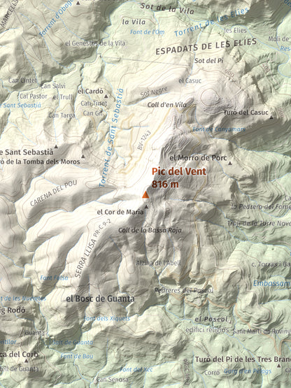 Mapa de relieve de Pic del Vent, 816 m, Vallès Oriental, lámina 100 Cims de Trobart. Detalle de la zona central. 30 × 40 cm.
