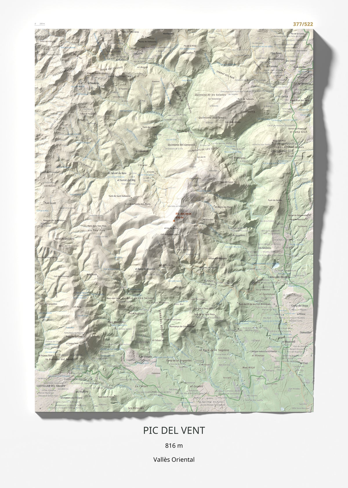 Mapa de relieve de Pic del Vent, 816 m, Vallès Oriental, lámina 100 Cims de Trobart 50 × 70 cm.