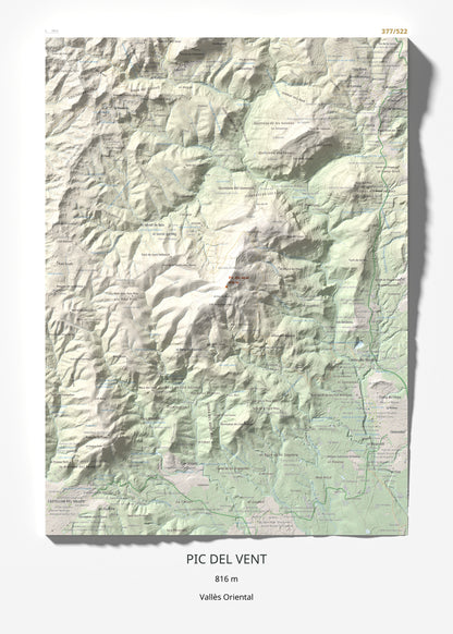 Mapa de relieve de Pic del Vent, 816 m, Vallès Oriental, lámina 100 Cims de Trobart 50 × 70 cm.