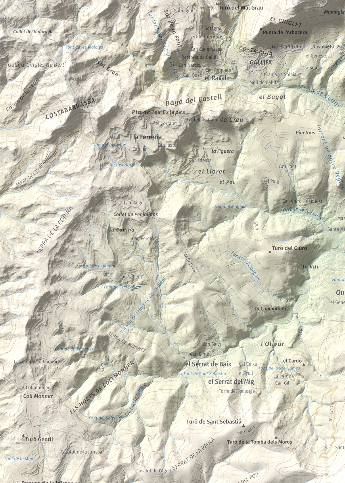 Mapa de relieve de Pic del Vent, 816 m, Vallès Oriental, lámina 100 Cims de Trobart. Detalle de la zona superior izquierda. 50 × 70 cm.