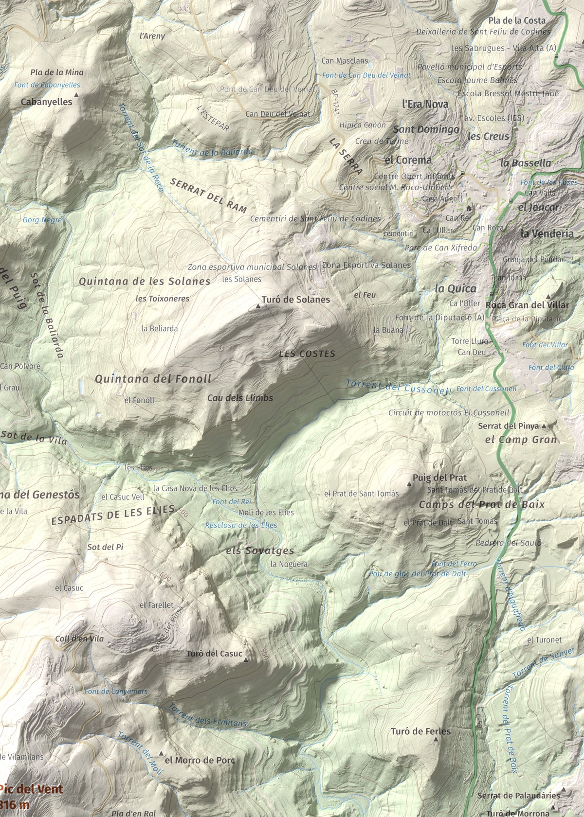 Mapa de relieve de Pic del Vent, 816 m, Vallès Oriental, lámina 100 Cims de Trobart. Detalle de la zona superior derecha. 50 × 70 cm.