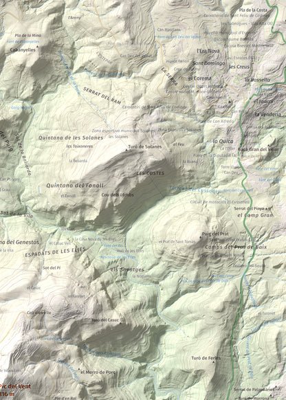 Mapa de relieve de Pic del Vent, 816 m, Vallès Oriental, lámina 100 Cims de Trobart. Detalle de la zona superior derecha. 50 × 70 cm.