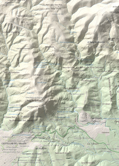 Mapa de relieve de Pic del Vent, 816 m, Vallès Oriental, lámina 100 Cims de Trobart. Detalle de la zona inferior izquierda. 50 × 70 cm.