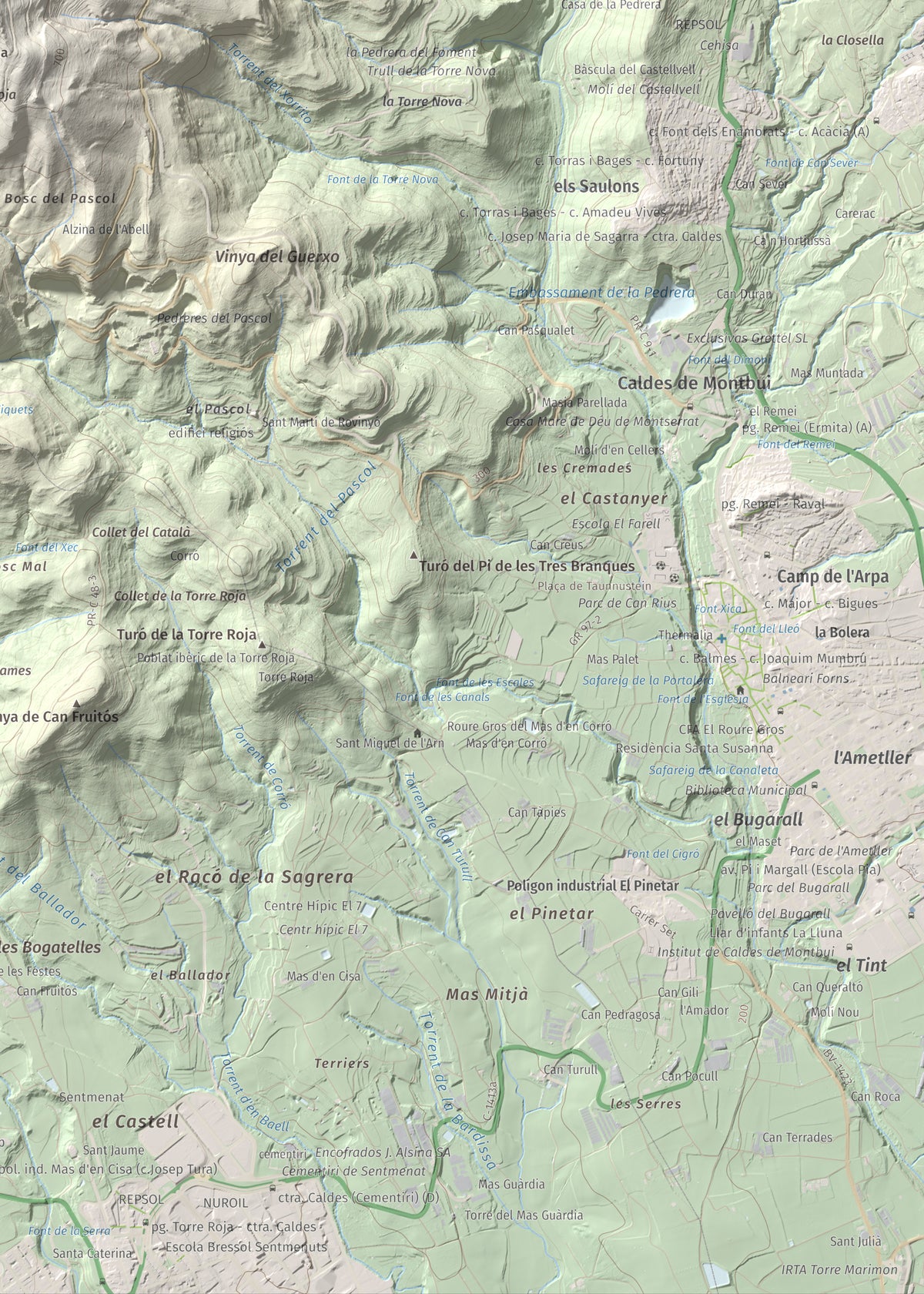 Mapa de relieve de Pic del Vent, 816 m, Vallès Oriental, lámina 100 Cims de Trobart. Detalle de la zona inferior derecha. 50 × 70 cm.