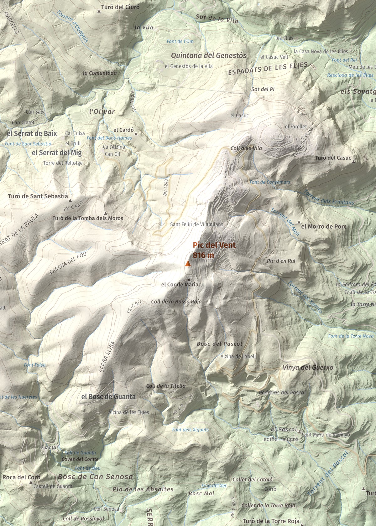 Mapa de relieve de Pic del Vent, 816 m, Vallès Oriental, lámina 100 Cims de Trobart. Detalle de la zona central. 50 × 70 cm.